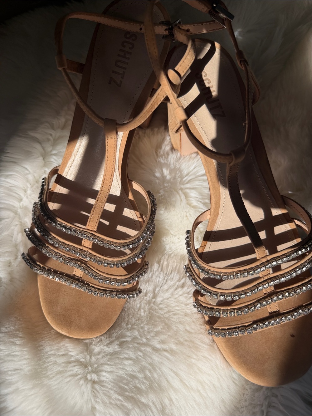 SCHUTZ Tan Strappy Block Heel Sandals with Crystal Straps